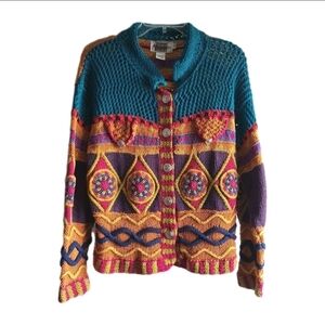 Vintage Hand Knit Multicolor Patchwork Knit Cardi Sweater 80s 90s Y2ak BOHO